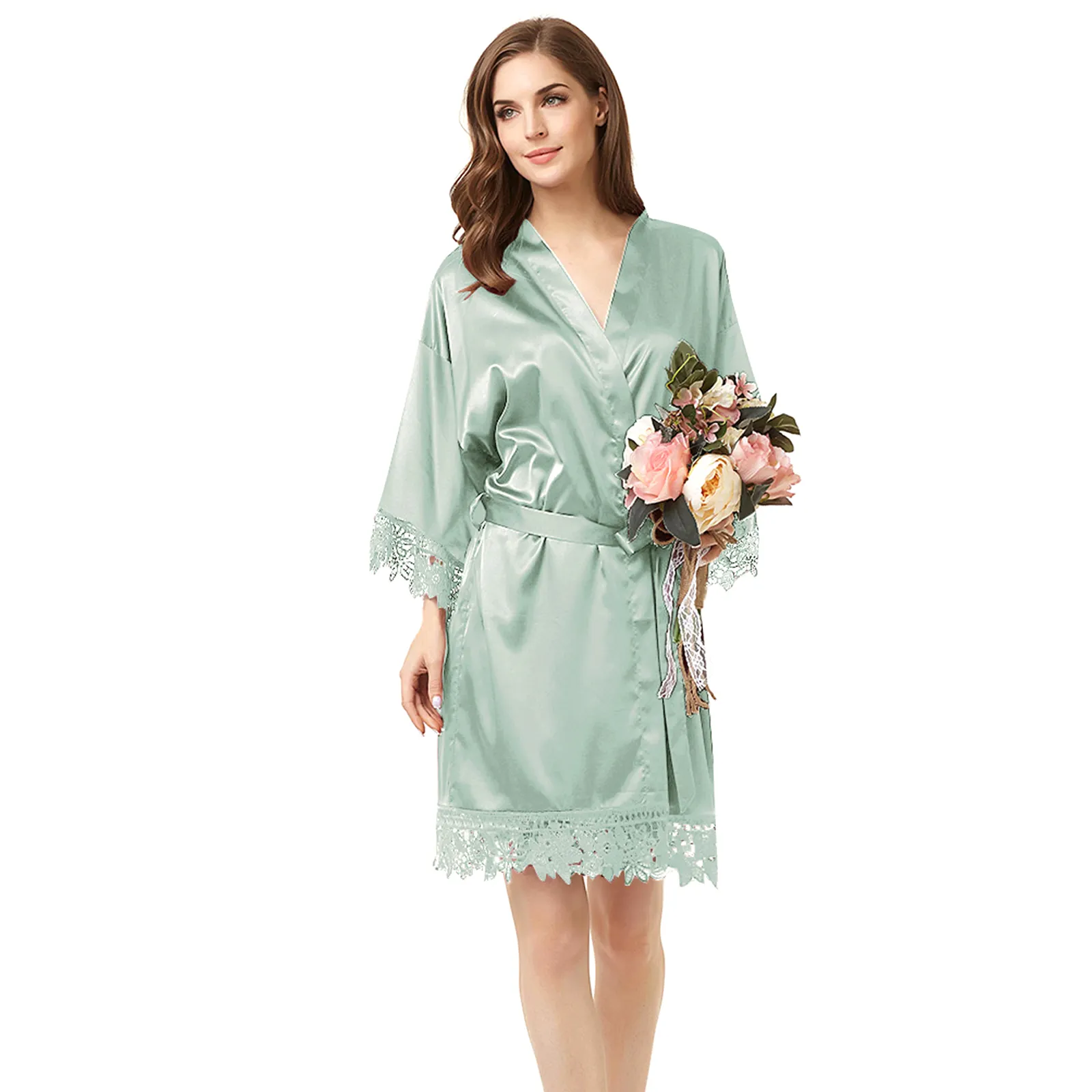Women's solid matte satin floral robes with lace Style A9007
