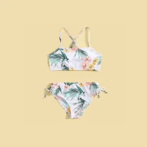 Bikini forrado de 90-120cm para niñas, traje de baño con estampado de plantas, Tankini Floral, conjunto de 2 piezas