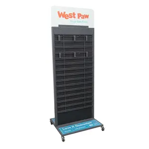 Metal Framed Rolling Black Slatwall Display with PVC Header for Pet Supply Shop, Retail store