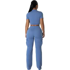 Conyson New Arrival Summer Custom Logo Women Solid Knitted Skinny Short Sleeves Crop Top Cargo Flare Long Pants Woman Outfits