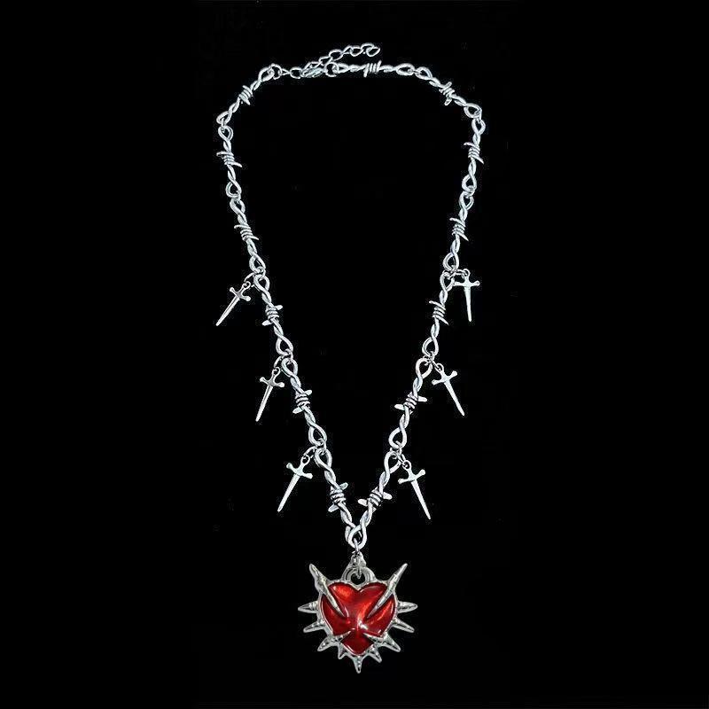 CLBX Gothic Y2K Subculture Red Heart Thorns Pendant Necklace