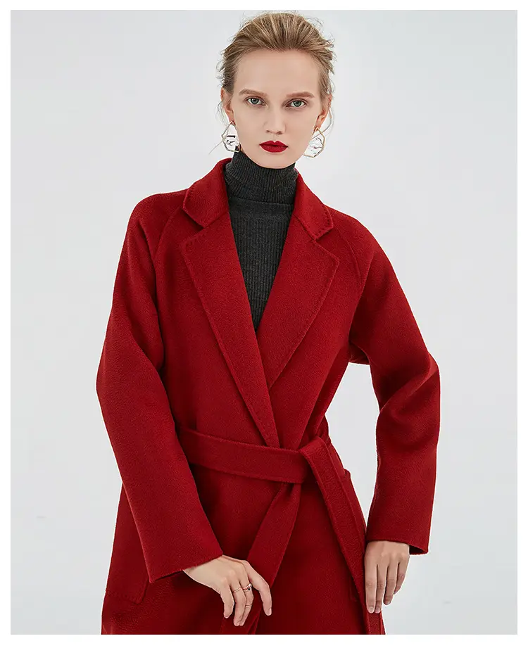 Hu Peng High Quality Women's Coats New Water Ripple Double Sided Cashmere Coat Longer Lace Up Waist Woolen Coat
