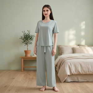 Women Spring <b>Summer</b> Pajama Set Short Sleeve Neck Loose Fit Digital Printed Cartoon Knitted Ice Silk Elastic Waist Two Piece - Product Image 1