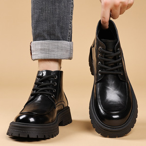 Bottes Martin pour homme, à bout rond, talon épais, doublure en polaire, semelle extérieure en caoutchouc, style hiver isolant - Product Image 3