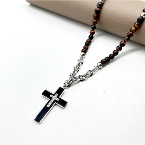 Fatingna Kreuz und Perlen Stein Tigerauge Perlen Rosenkranz Halskette Edelstahl Naturstein Perlen Lange Halsketten für Männer - Product Image 2