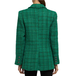 High Quality Custom Long Sleeve Button up V Neck Pocket <strong>Green</strong> Tassels <strong>Sequin</strong> Tweed Long Blazer <strong>Jacket</strong> - Product Image 2