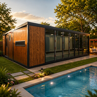 Maison préfabriquée modulaire extensible en conteneur, texture bois, grande paroi vitrée, portable, pour jardin et complexe hôtelier