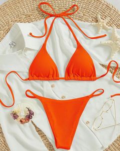 2026 Summer New High-End Breathable Spandex/Polyester <b>Bikini</b> <b>Set</b> Plunge Neck Micro Bra Knitted Sexy Split Logo Waist Solid Color - Product Image 6