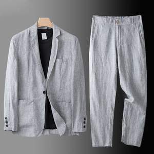 Completo Estivo da <span class=keywords><strong>Uomo</strong></span> Traspirante Impermeabile Antivento Casual Business 2 Pezzi in Cotone e <span class=keywords><strong>Lino</strong></span> Vestibilità Comoda Giacca e Top Sehe - Product Image 1