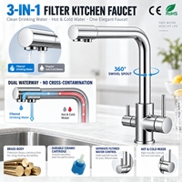 Robinet de cuisine en laiton massif avec filtre à eau potable, double poignée, chromé, à poser sur le plan, eau chaude et froide