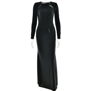 Vestido de Noche para Mujer, Manga Larga, Cuello Redondo, Corte Entallado, Plisado, Elegante, para Fiesta Formal - Product Image 5