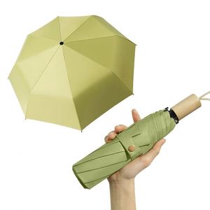 Parapluie pliant manuel compact anti-UV en pongé, personnalisé, avec poignée en bois, 8 baleines, 3 sections, pour cadeaux d'affaires - Product Image 1