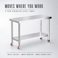 Table de préparation en acier inoxydable sur roulettes pour restaurant, boulangerie, hôtel, service de restauration, cuisine mobile à double niveau