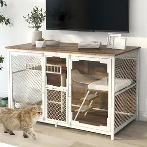 58 Inch Indoor End Table Cat House Wooden Furniture Style Cat Hidden Crate Kennel with Scratching Pad