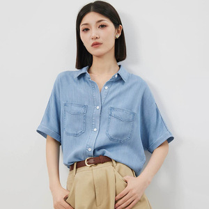 Camisa de Mezclilla de Algodón para Mujer, <span class=keywords><strong>Manga</strong></span> <span class=keywords><strong>Corta</strong></span>, Diseño Verano 2026, Camisa Azul Chic - Product Image 1
