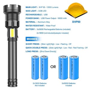 <span class=keywords><strong>Lampe</strong></span> torche extérieure en alliage d'aluminium améliorée Xhp90 <span class=keywords><strong>90000</strong></span> <span class=keywords><strong>Lumens</strong></span>, zoomable, 3 modes, indice <span class=keywords><strong>de</strong></span> protection IP55, batterie 26650, rechargeable par USB - Product Image 3