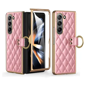 VIETAO Luxury Leather Z Fold 5 Case With Ring Plating Leather Phone Case With Screen Protector For Samsung Galaxy Z Fold 5