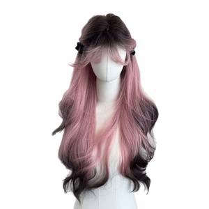 Peluca Larga Rizada Rosa con Flequillo Lateral, Fibra Kanekalon Resistente al Calor, Línea de Cabello Natural, Encaje Transparente, Cobertura Completa - Product Image 3