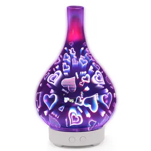 Difusor de aceite esencial 3D, máquina de aromaterapia de vidrio con forma de corazón, humidificador de iluminación con patrón colorido