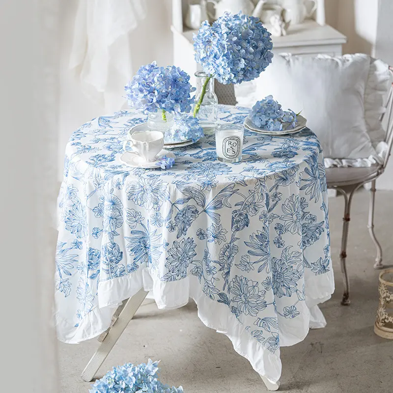 Modern tahan air 100% katun biru putih porselen taplak meja bordir bulat persegi panjang ruffled jacquard taplak meja