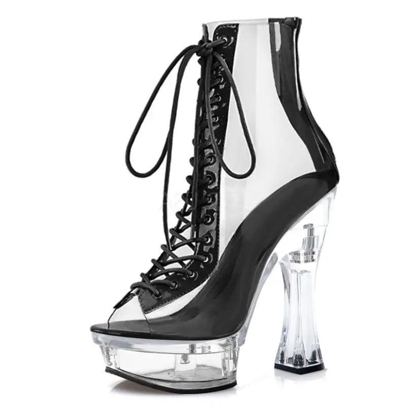 14 cm front lace up high-heeled short boots 2021 new transparent platform thin heel steel pipe dance naked boots