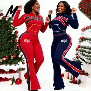 Op maat gemaakt logo Waffle Dubbelkleurig Patchwork V-hals Lange mouwen Ritsjas en wijde broek 2-delige set 2025 - Product Image 1