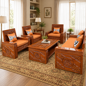 Traditional Solid Teak Wood Sofa Bed Set with Fabric <b>Covered</b> <b>Cushions</b> Eco-Friendly & Durable for Living Room - Product Image 1
