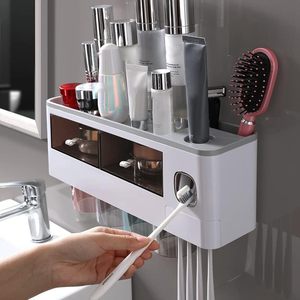 Plastic Suction-cup <b>Toothbrush</b> <b>Holder</b> Rack No-Drilling Required Bathroom Storage Multi-functional Dispenser Organizer - Product Image 2