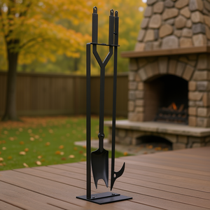 Ensemble d'outils pour foyer en fer forgé noir avec support en C pour foyer intérieur, extérieur, feu de camp, jardin - Product Image 2