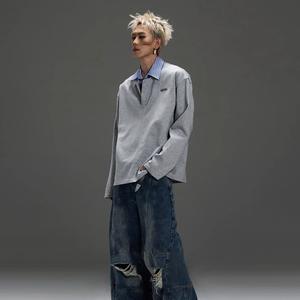 Chemise à manches longues pour homme, style deux-pièces, rayée, patchwork, col rabattu américain, en laine, tendance, design haut de gamme, pour l'hiver - Product Image 5