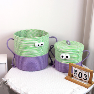Panier de rangement au design monstre vert et violet avec poignée, forme circulaire, pour le rangement des jouets et des collations - Product Image 3