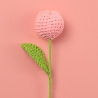 Tulip Daun Hijau Kecil Rajutan Tangan dari Benang, Tulip Buatan dengan Batang untuk Buket, Dekorasi Rumah & Hadiah Pernikahan