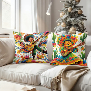 Coussins d'art populaire <span class=keywords><strong>mexicain</strong></span> aux motifs festifs, avec des musiciens mariachi, des ânes et des cactus - Product Image 4