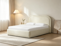 Lit plateforme sculptural rembourré en tissu écologique FERLY avec design incurvé, taille personnalisée disponible, mobilier de chambre moderne