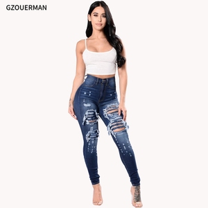 Nuevos Jeans de Mezclilla Rasgados de Moda para <span class=keywords><strong>Mujer</strong></span>, <span class=keywords><strong>Pantalones</strong></span> <span class=keywords><strong>Largos</strong></span> de Cintura Media, <span class=keywords><strong>Vaqueros</strong></span> Ajustados con Agujeros para Dama - Product Image 3