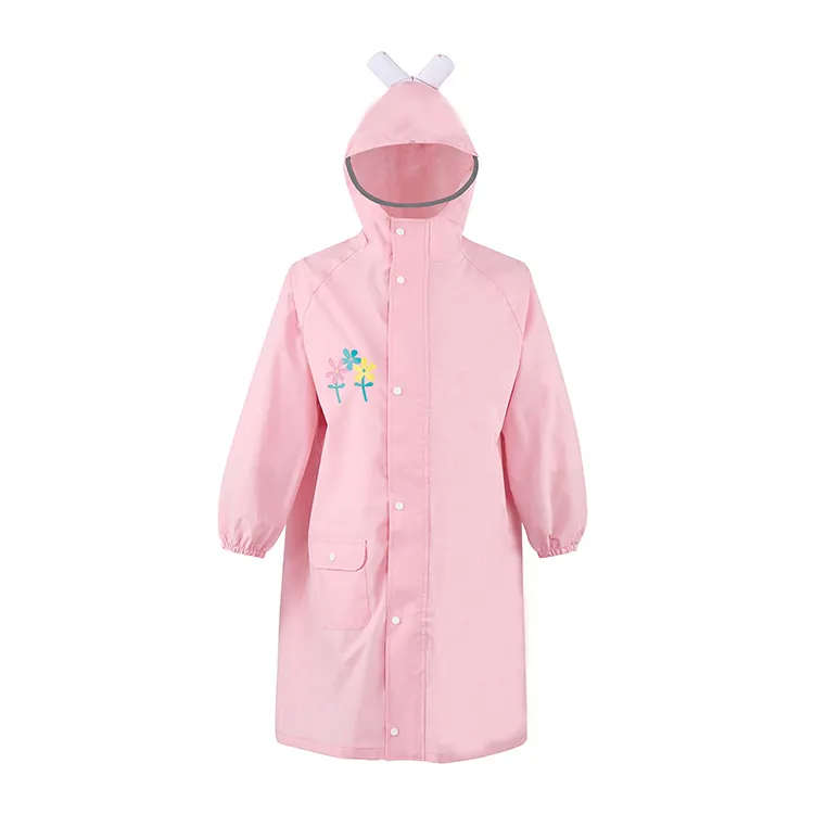 Wholesale High Quality Girls' White TPU Pink One Piece Kids Rabbit Cartoon Waterproof Hooded Raincoat