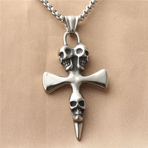 Stainless Steel Skull <b>Cross</b> Pendant Men's Necklace Geometric Design 190160 - Product Image 1