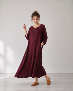 Robe longue évasée en lin et coton pour femme, unie, décontractée, avec ceinture, printemps/été, fabrication artisanale sur mesure - Product Image 1