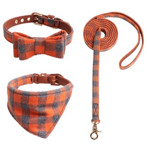 Custom Classic Plaid Dog <b>Collar</b> <b>Leash</b> Bandana Set Cute Bow Tie Cotton Leather Adjustable <b>Pet</b> <b>Collar</b> For Cat Dog - Product Image 4