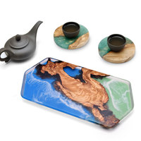 Plateau à thé réutilisable en résine époxy de style chinois moderne, bleu, avec motif d'arbre et de grenade, tapis et coussinets élégants