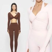 Ensemble de tenue de yoga pour femmes, débardeur de sport à bretelles croisées et pantalon long en tissu respirant, ensemble trois pièces