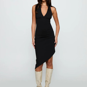 Women's Black Halter Neck Backless Bodycon Midi Dress Asymmetrical Hem Stretchy Knit Deep V <b>Tie</b> <b>Back</b> Party Club Dress - Product Image 2