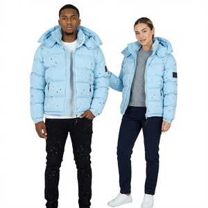 Chaqueta Acolchada con Capucha Unisex, Diseño de Corazones Azul Claro, Impermeable, Gruesa, de Poliéster, para Invierno, Estilo Casual, Corte Regular, de Algodón - Product Image 1