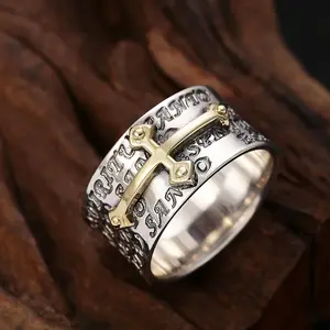 Goslanic S925 Silver Sterling Gothic Custom Mens Jewlery Adjustable Religion Dripping Oil Cross Ring