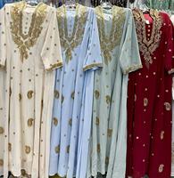 Robe Jalabiya de luxe du Moyen-Orient, ornée de perles dorées, avec manches 3/4 et col en U, style kaftan modeste pour les occasions de fête de l'Aïd