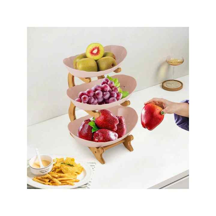 4-Stand Bamboo Serving Bowls with PP Fruit Tray Snack Plate Rack for Party Wedding Eco-Friendly 3-Tier Serving Bowls with Stand
