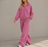 Ensemble deux pièces pour femme, sweat à capuche et pantalon de jogging en tissu éponge, coupe ample, couleur unie, fermeture éclair, qualité supérieure, OEM ODM, automne