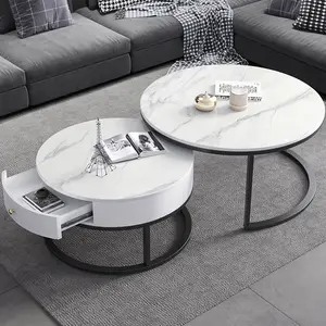 省スペース北欧のモダンなリビングルーム現代的な家具ラウンド2メタルマーブルトップゴールドネスティングコーヒーテーブル