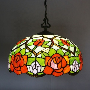 LongHuiJing Tiffany Pendant <b>Light</b> 2 <b>Light</b> 16 Wide Antique Rose Style Stained Glass Lampshade Hanging Lamp - Product Image 1
