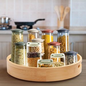Plateau de rangement multifonctionnel en bambou de 12 pouces à <span class=keywords><strong>rebord</strong></span> haut pour épices, plateau tournant à 360 degrés pour cuisine et salle de bain, vente en gros - Product Image 1